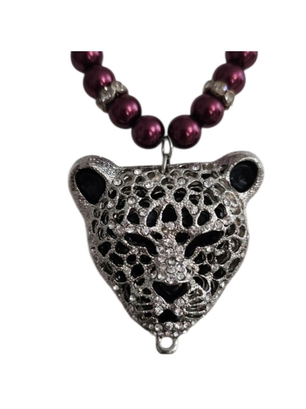 Panther Pendant Necklace Burgundy Silver